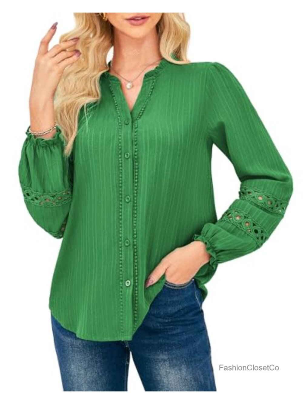 Women's Button-Down Blouse Lace Long Sleeve V-Neck Work Top